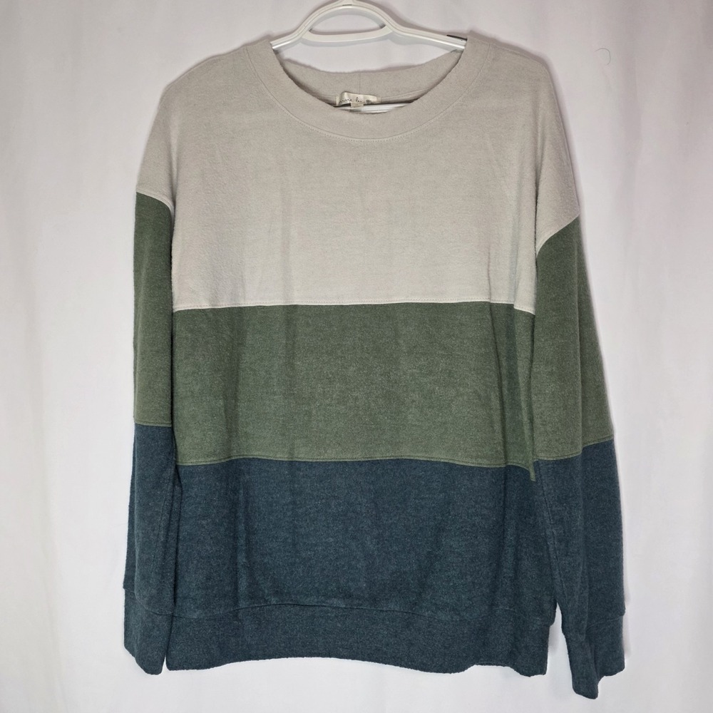 Colorblock Cozy Pullover Neutral‎ Green Blue Soft Knit Sweater Minimalist M